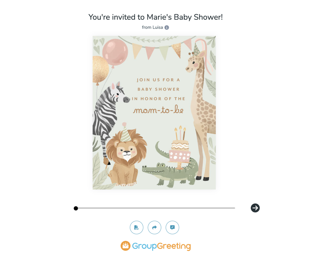 GroupGreeting baby shower invitation design featuring a zebra, lion, alligator, and giraffe
